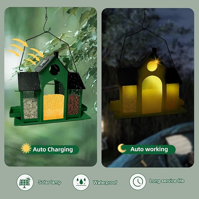Solar Bird Feeder House for Outside Hanging, Large Capacity Birdhouse Bird Feeders Hanging for Outdoors, Metal Mesh Wild Birdfeeder for Finch Cardinal (Green and Black)