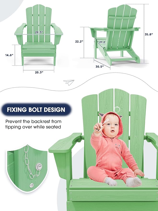 KINGYES Folding Adirondack Chair Set of 8, HDPE All-Weather Folding Adirondack Chair, Light Green