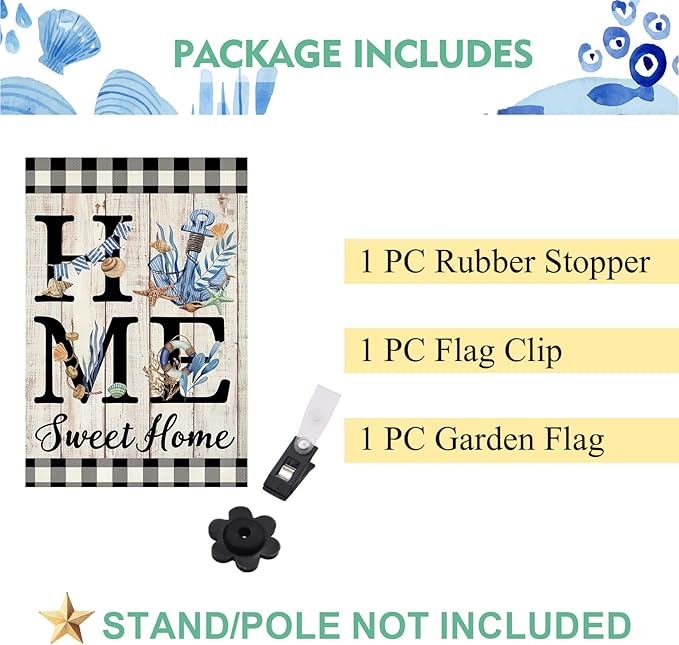 ORTIGIA Beach Garden Flag 12.5 x 18 Inch Double Sided Burlap Home Sweet Home Blue Anchor Starfish Seashell Coastal Ocean Small Yard Flag Summer Holiday Seasonal Outdoor Outside Decoration