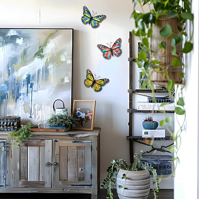 EOORAU Metal Butterfly Outdoor Wall Decor - 3pcs Metal Butterflies Wall Hanging Sculpture Decorations for Fence Patio Yard Garden Tree Gift for Mom Friends