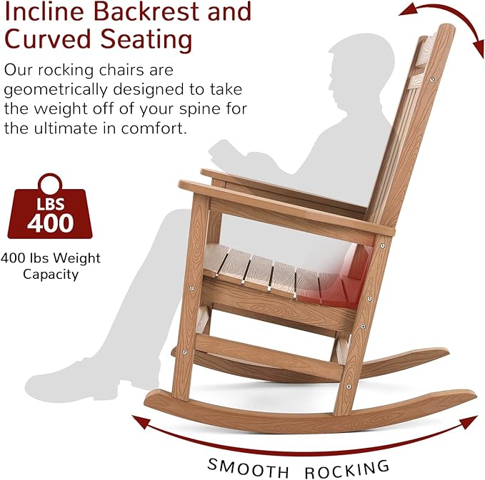 Stoog Oversized Outdoor Rocking Chair, Porch Rocker with 400 lbs Weight Capacity, Weather Resistant, for Backyard, Lawn, Patio, Fire Pit, Garden and Indoor, Teak