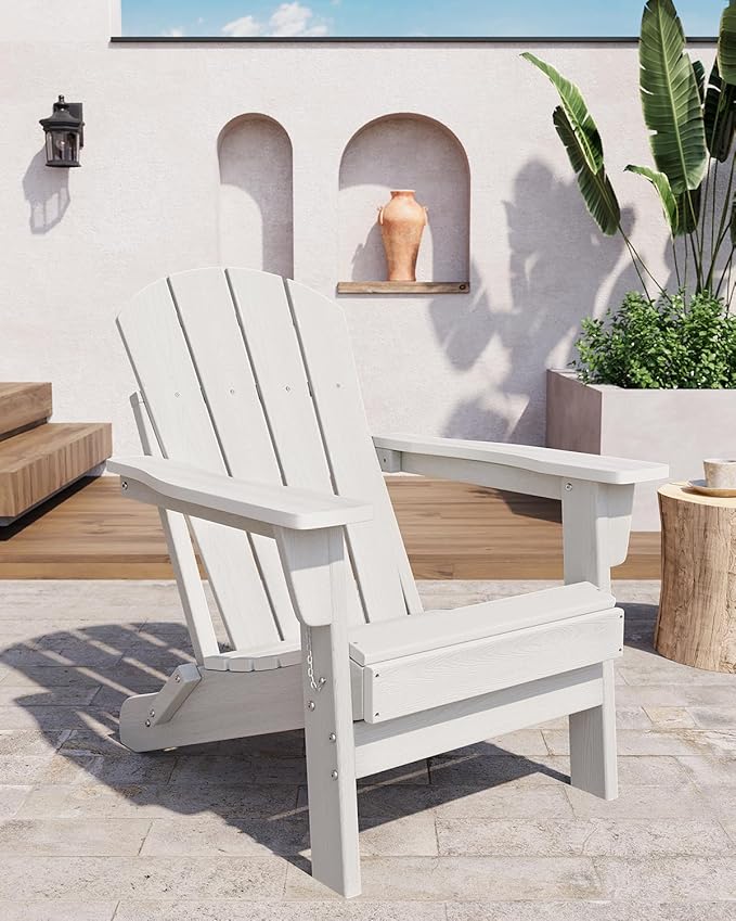 GarveeLife Folding Adirondack Chairs Set of 4, HDPE Plastic Outdoor Chairs with Wood Texture - 380 LBS & Weather Resistant for Fire Pit, Deck, Patio, Pool, Backyard - White