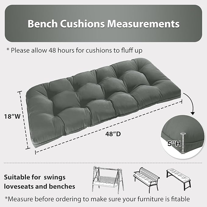 Tufted Bench Cushions for Outdoor Furniture, 48" x 18" Porch Swing Cushions Filled with Foam, Overstuffed Patio Cushions for Bench Loveseat with 2-3 Seats,Thick and Water Resistant, Grey