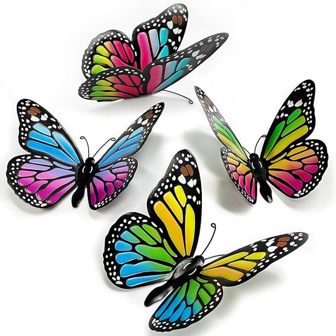 Metal Butterfly Wall Decor - 4 pcs Butterflies Wall Sculpture Hanging Decorations for Indoor Outdoor Fences Patio Yard Fence Garden Decorations