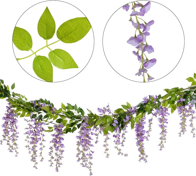 Lvydec Wisteria Artificial Flowers Garland, 4 Pcs Total 28.8ft Artificial Wisteria Vine Silk Hanging Flower for Home Garden Outdoor Ceremony Wedding Arch Floral Decor (Light Purple)