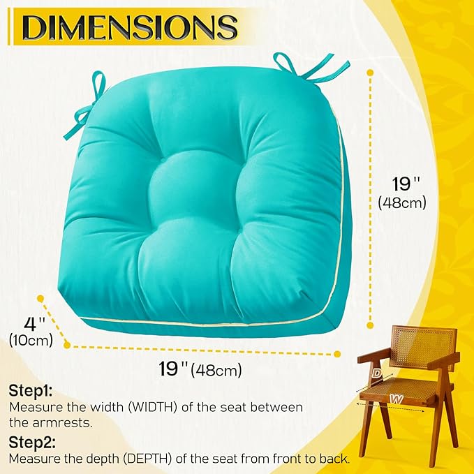 Outdoor Chair Cushions Set of 2, Outdoor Cushions for Patio Furniture and Wicker Chair, Memory Foam Patio Seat Cushion Pads with Ties, 19 x 19 Inch (Teal)