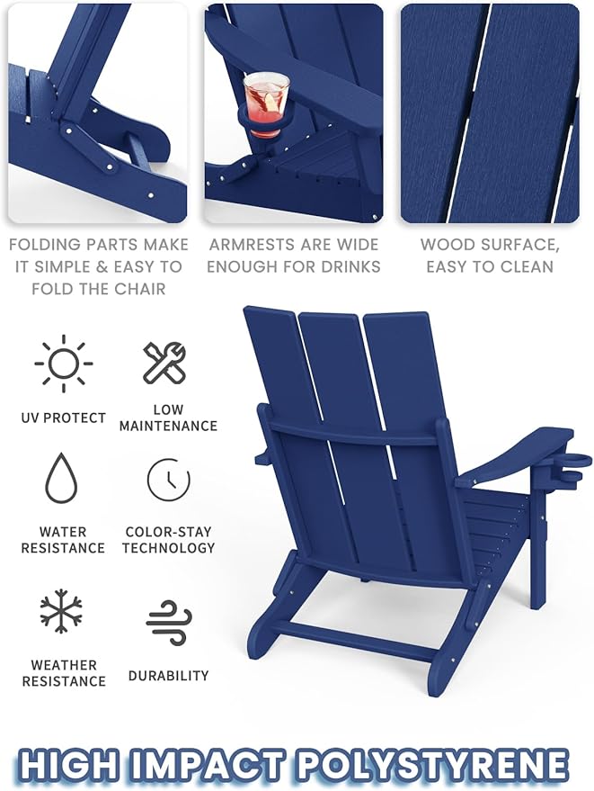 Adirondack Chair with Cup Holder, Folding Outdoor Lawn Chair, HDPE Plastic Fire Pit Chair, Weather Resistant Patio Chairs for Deck, Porch, Backyard, Garden, Navy Blue