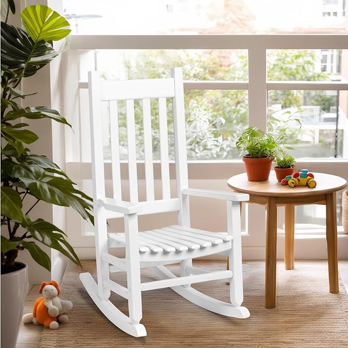 VINGLI Outdoor Child’s Rocking Chair, All Weather Wooden Rocking Chair with High Backrest, Patio Rocker for Garden, Yard, Balcony, Wooden Rocker for 3-9 Years Old, White