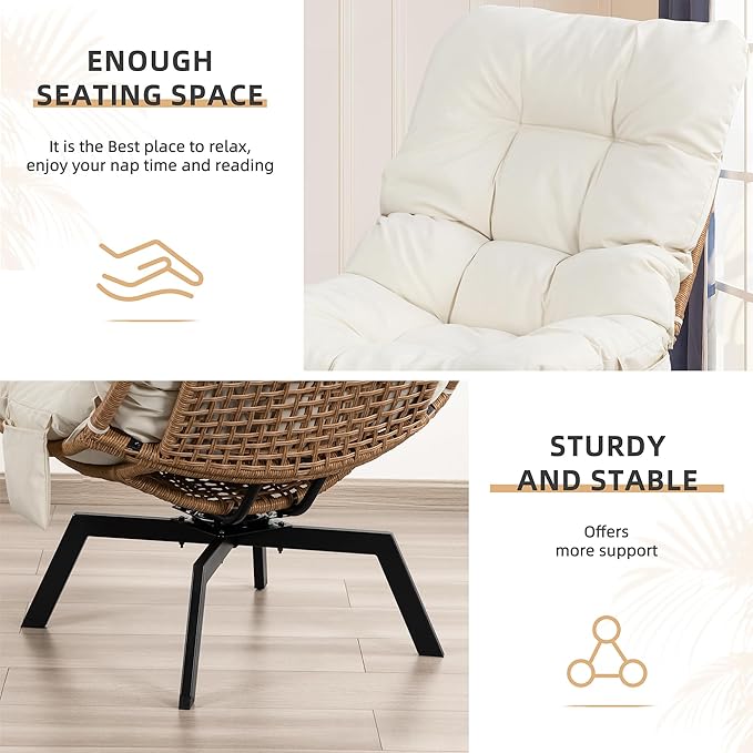 Vongrasig Swivel Wicker Chair PE Rattan Chair with Cushion, Oversized Patio Lounge Chair for Outdoor, Indoor, Balcony, Backyard, Garden, Living Room, Beige