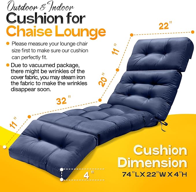 MAGIC ELEPHANT Chaise Lounge Cushion Outdoor, Memory Foam Patio Lounge Chair Cushion with Ties for Indoor Outdoor Furniture, Replacement Long Chair Cushion (Blue)