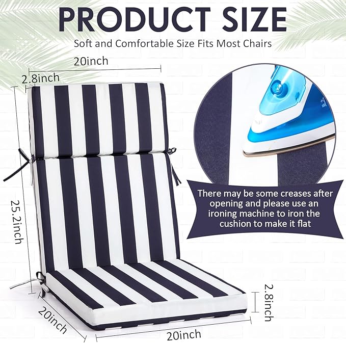 4 Pack Outdoor High Back Chair Cushion, 44 x 20 inches Patio Chair Cushions Waterproof Rocking Cushions Indoor Furniture Seat Pad, Weather Resistant (Stripe,Navy Blue)