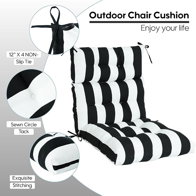 Only choice High Back Adirondack Chair Cushion Set of 2-44”x 22”x 4” Waterproof, Fade-Resistant Outdoor Rocking Chair Cushions for Patio, Garden, Porch (2, Black White Stripes)
