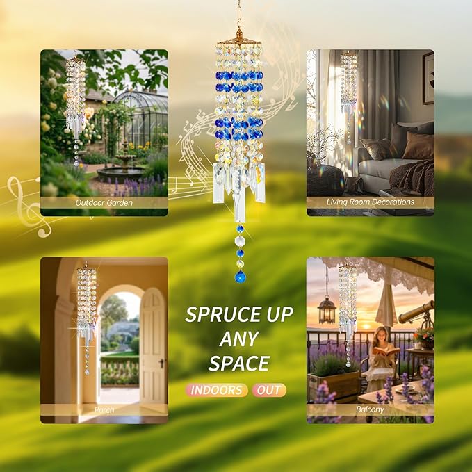 Crystal Wind Chimes for Outside with Rainbow Light Reflections Glass Bells and Rose Gold Alloy Hooks Indoor Outdoor Decor for Home Garden Patio Porch Birthday House Warming (Blue)