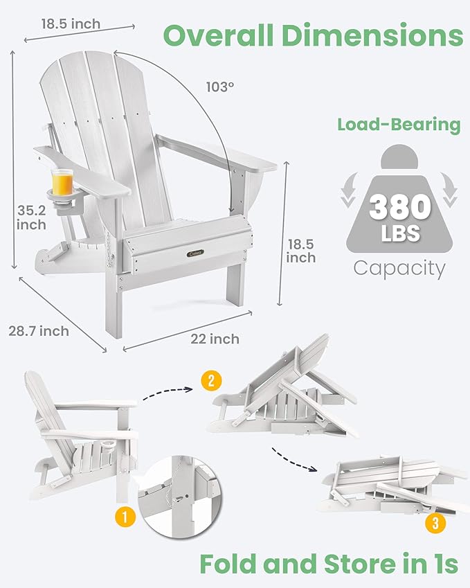 Ciokea Folding Adirondack Chair Wood Texture, Patio Adirondack Chair Weather Resistant, Plastic Fire Pit Chair with Cup Holder, Lawn Chair for Outdoor Porch Garden Backyard Deck (White)