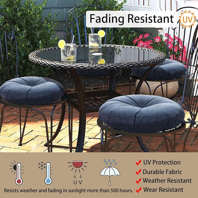 Magpie Fabrics Outdoor Round Bistro Seat Cushions with Ties, 15"x15"x4" Set of 2, Tufted Waterproof Barstool Chair Pads for Patio Home Garden Office, Navy Textured