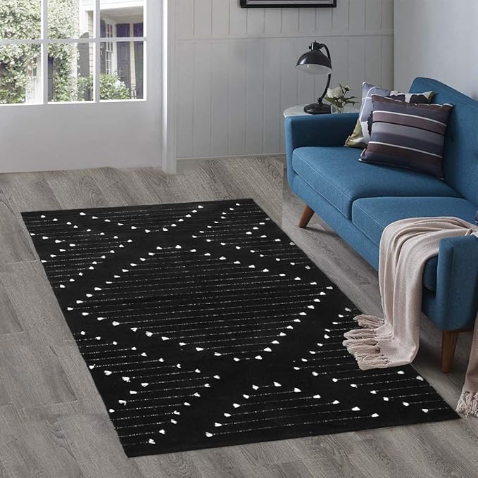 LIVEBOX Boho Black Rug for Kitchen,3x5 Washable Area Rug for Entryway,Moroccan Cotton Throw Rugs Morden Indoor Carpet Large Door Mat for Front Porch