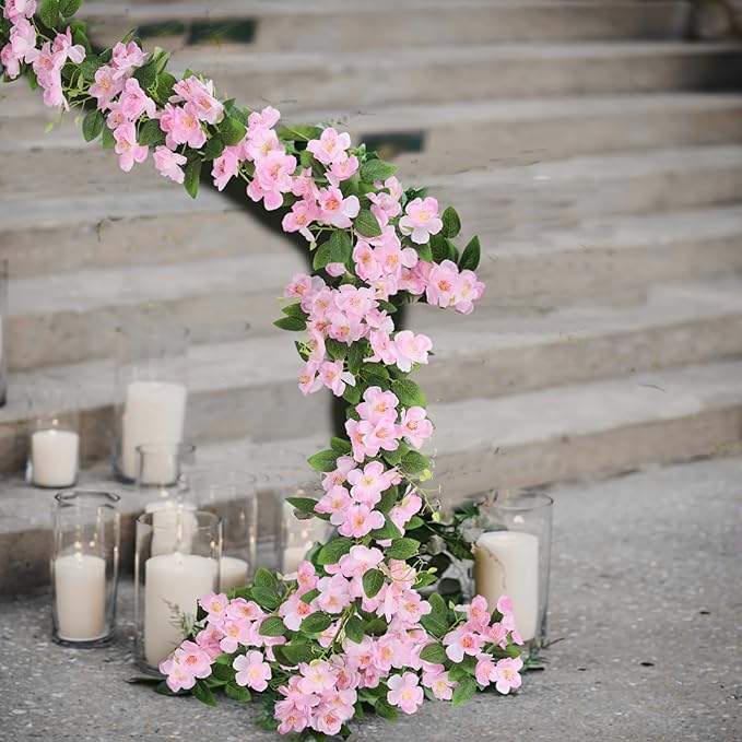 CISDUEO Artificial Cherry Blossom Flower Vine Hanging Pink Cherry Blossom Flower Silk Garland Hanging Vines Faux Flowers for Outdoors Spring Wedding Party Home Table Centerpiece Arrangement Decor