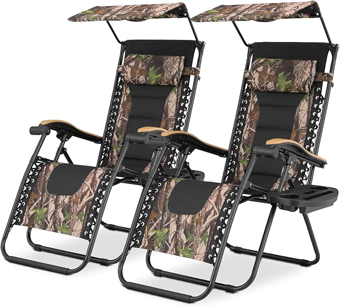 Magshion Zero Gravity Chair with Canopy Set of 2, Reclining Outdoor Patio Lounge Chair, Folding Anti Gravity Recliner, Portable Lounger with Removable Cup Holder Side Tray and Pillow Headrest
