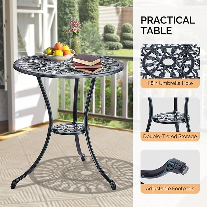 VINGLI 3 PCS Outdoor Bistro Set, Outdoor Patio Set, All-Weather Cast Aluminum Bistro Table Set, Bistro Table and Chairs Set of 2 for Backyard, Garden, Balcony (Green, Tulip)