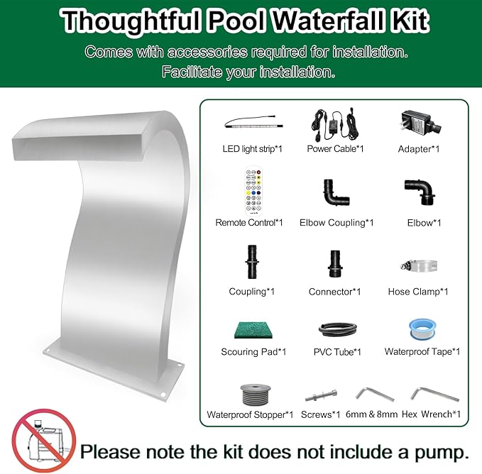 LONGRUN S-Shaped Waterfall Spillway Stainless Steel Swimming Pool Fountain, RF & APP Controled LED Light Outdoor Pond Waterfalls Kit for Garden Patio Swimming Pool Koi Ponds Decoration -20.2" Height