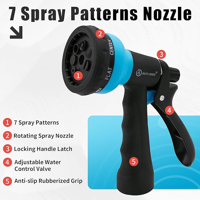 AUTOMAN Recoil Garden Hose 50 ft, EVA Curly Water Hose with Brass Connectors, Coil Garden Water Hose,Includes 7-Pattern Function Sprayer,Retractable,Corrosion Resistant Garden Coil Hose