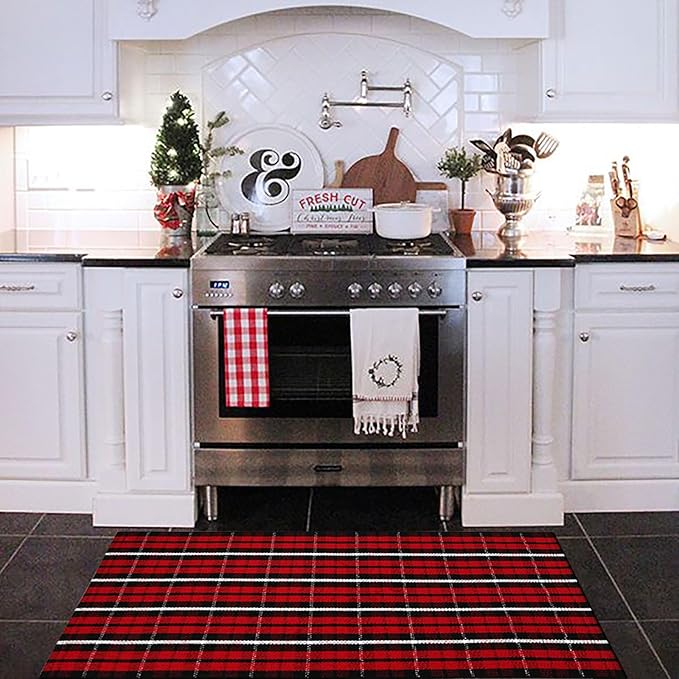 Christmas Plaid Outdoor Rug, 2' x 4'3'' Red & Black Check Indoor/Outdoor Area Rug, Layering Rug for Hello/Welcome Door Mat, Machine Washable Cotton Woven Farmhouse Mat for Front Porch Décor