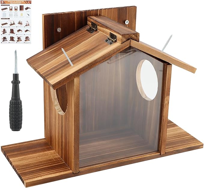 Wood Squirrel Feeder, Outside Squirrel House Box for Corn, Squirrel Picnic Table Feeder Box, Chipmunk Feeder Hold Corn, Corn Cob, Easy to Fill with Removable Front Panel, for Outdoors Winter Tree