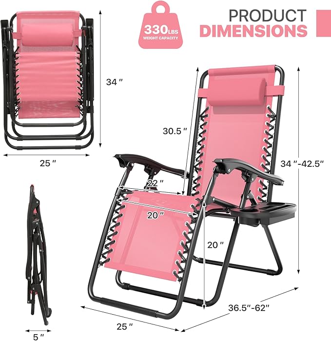 Magshion Zero Gravity Lounge Chairs Set of 2, Outdoor Patio Reclining Chair with Side Tray, Adjustable Anti-Gravity Recliners with Pillow Headrest, Folding Lounger for Lawn Camping Beach, Pink