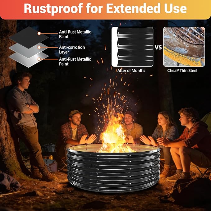48 Inch Large Outdoor Fire Pit Ring,17" Taller, Heavy Duty High Heat Resistant Wood Burning Firepit for Outside,Galvanized Steel Outdoor Fireplace & Fire Pits Bowl for Backyard Bonfire, Patio,Camping