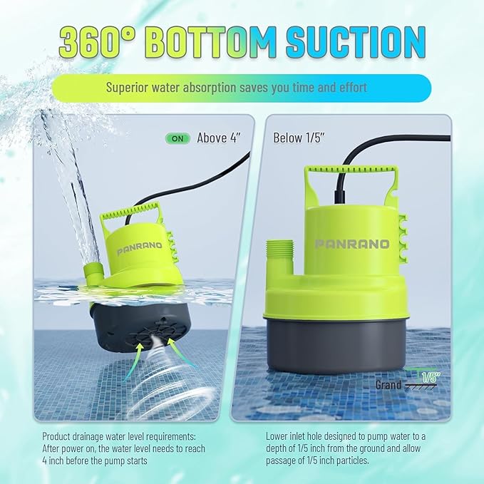 1/2 HP Submersible Water Pump 2900 GPH Portable Small Sump Pump For Pool Cover, Basements, Puddles, Gardens Ponds With 16.4 Ft Power Cord and Hose Adapters, Light Yellow