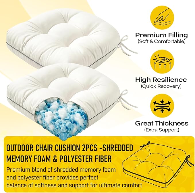 Outdoor Chair Cushions Set of 2, Outdoor Cushions for Patio Furniture and Wicker Chair, Memory Foam Patio Seat Cushion Pads with Ties, 19 x 19 Inch (Cream)