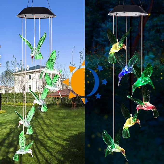 SIX FOXES Wind Chime, Solar Hummingbird Wind Chimes Outdoor/Indoor,Birthday Gifts for Mom Grandma,Mother Outdoor Decor,Yard Decorations,Memorial Wind Chimes,Mom's Best Gifts,