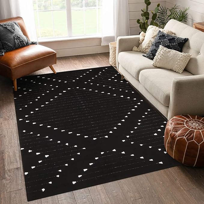 LIVEBOX Boho Black Rug 5x7, Large Washable Rugs for Living Room, Cotton Woven Bedroom Carpet, Moroccan Indoor Thin Throw Area Rugs for Dining Room,Dorm