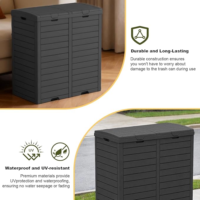 Outdoor Trash Can with lid, Waterproof, UV-Resistant Resin Garbage Can, Lockable Lid and Drip Tray, Animal-Proof, for Patio, Kitchen, Backyard and Deck (Black, 76 Gallon)