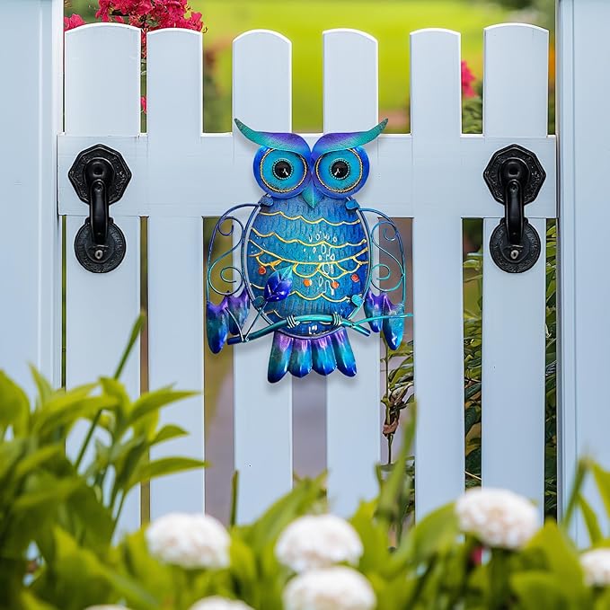 LIFFY Metal Owl Wall Decor - Cute Colorful Outdoor Wall Art - Glass Hanging Garden Decor for Patio, Porch or Door, Owl Gifts for Women