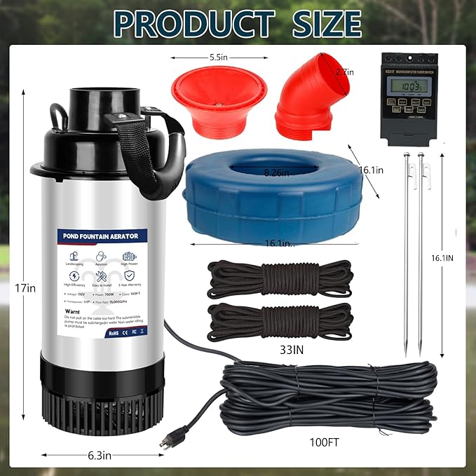 Pond Fountain Aerator Pond Fountain - 1 HP 15,000 gallons/hour 750 watts - pond aerator equipped with 100-foot power cord and multi-function timer Suitable for large ponds and lakes