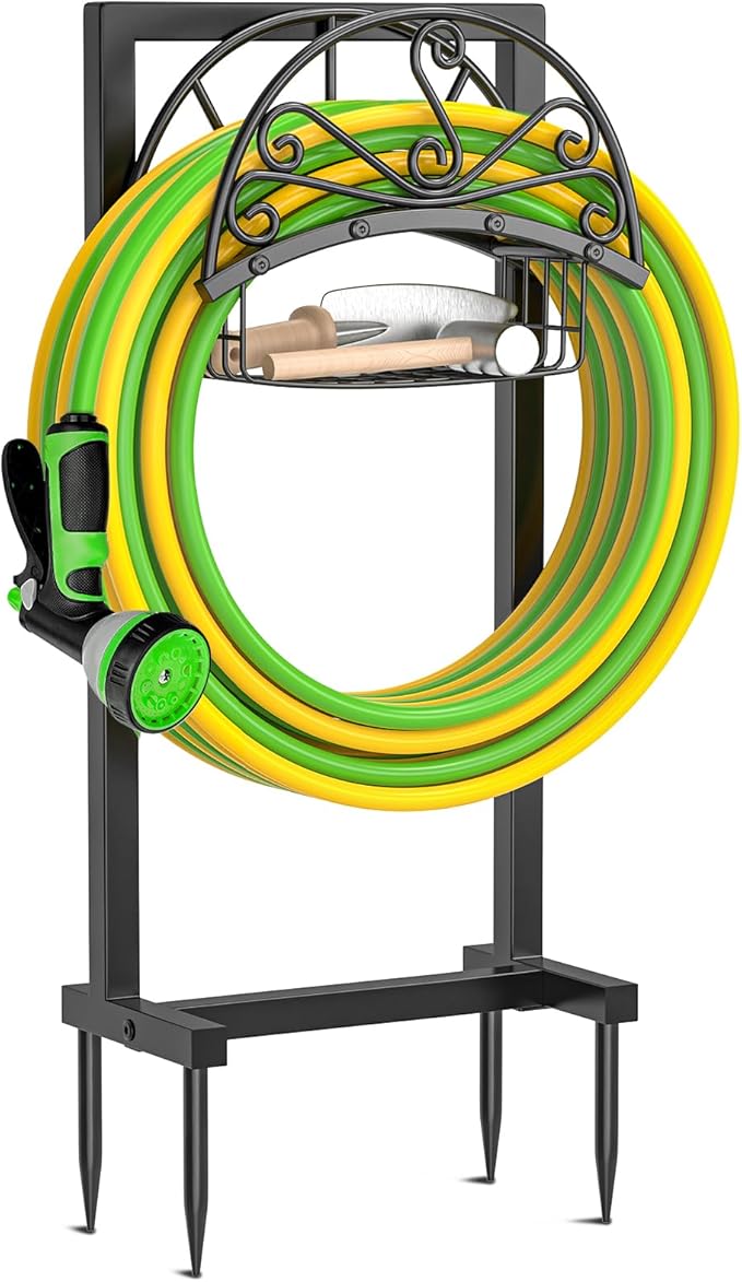 Garden Hose Holder,Heavy Duty Freestanding Detachable Storage Reel Stand,Upgraded 4 Spikes Hose Hanger for Outside Yard Lawn (Floral with Storage Basket)