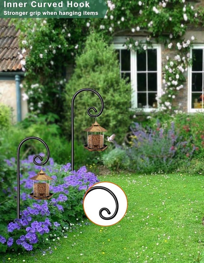 Koutemie 76 Inch Outdoor Shepherd Hook for Hanging Plant, Adjustable Heavy Duty Bird Feeder Pole with 5 Prong Base for Solar Lanterns, Black & 2 Packs
