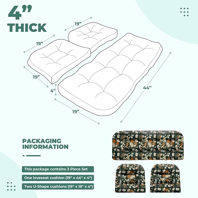 Wicker Chair Cushions, Waterproof Outdoor Loveseat Cushions for Patio Furniture, Tufted Wicker Furniture Cushions, 1 Loveseat and 2 U-Shaped Cushions (Black Floral)