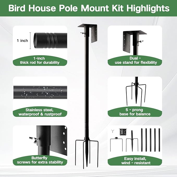 79-Inch Heavy-Duty Rustproof Bird Feeder Pole with 5-Prong Base - Splicable Adjustable Stand for Feeders, Birdhouses & Weather Stations, Enhances Birdwatching Experience (Bird House Not Included)