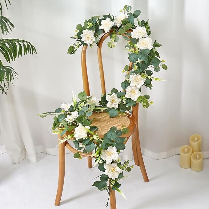 2PCS Flower Garland 6.2FT Artificial Rose Flowers Garland Wall Vines Greenery White Roses Eucalyptus Garlands for Wedding Table Runner Arches Backdrop Party Centerpiece Room Decor