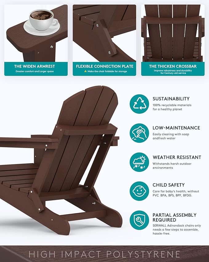 SERWALL Adirondack Chair Set of 8 for Patio Garden (Folding Coffee)