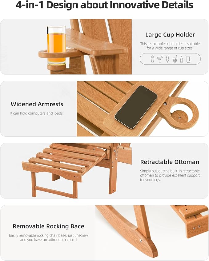 Folding Adirondack Rocking Chair,4-in-1 Multifunctional Patio Chair with Retractable Ottoman, Outdoor Chair Wood Texture, Lawn Chair for Porch, Backyard, Pool(Teak)