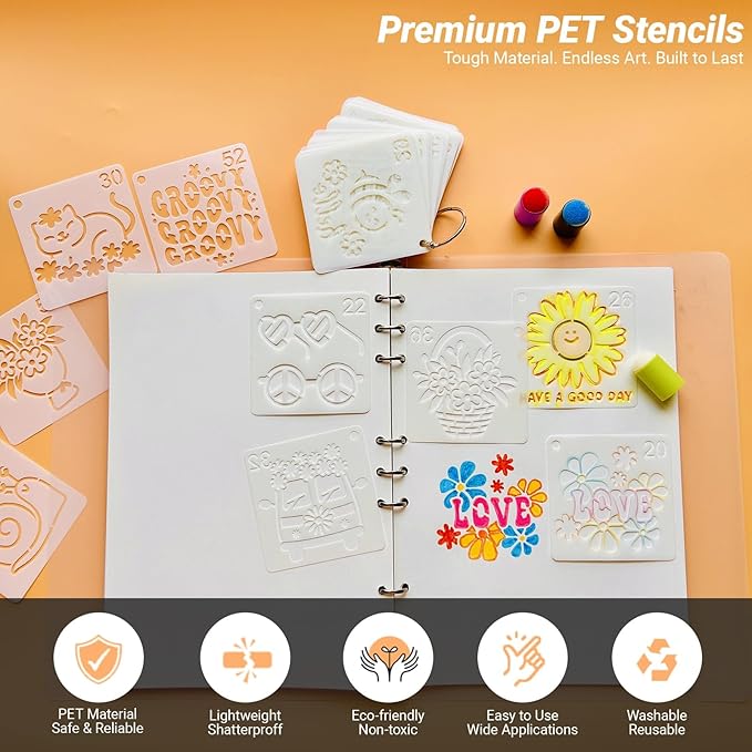 Stencils for Painting, Hippie Style Stencils for Crafts Reusable, 3 Inch Plastic Drawing Templates for Painting on Wood Wall Canvas Fabric, Small Hippy Tempates for DIY Project & Home Decor