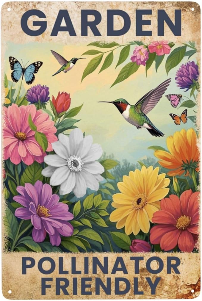 Garden Signs Pollinator Friendly Metal Tin Signs Flowers Signs 8x12 Inch Outdoor Wall Decor