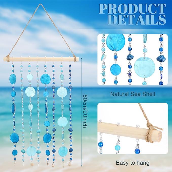 Novabright Capiz Shell Wind Chime for Outside Handmade Ocean Themed Shell Wind Chimes for Outdoors Coastal Nautical Decor for Patio Garden Porch Beach Themed Gift for Nature Lovers(Modern,Blue)