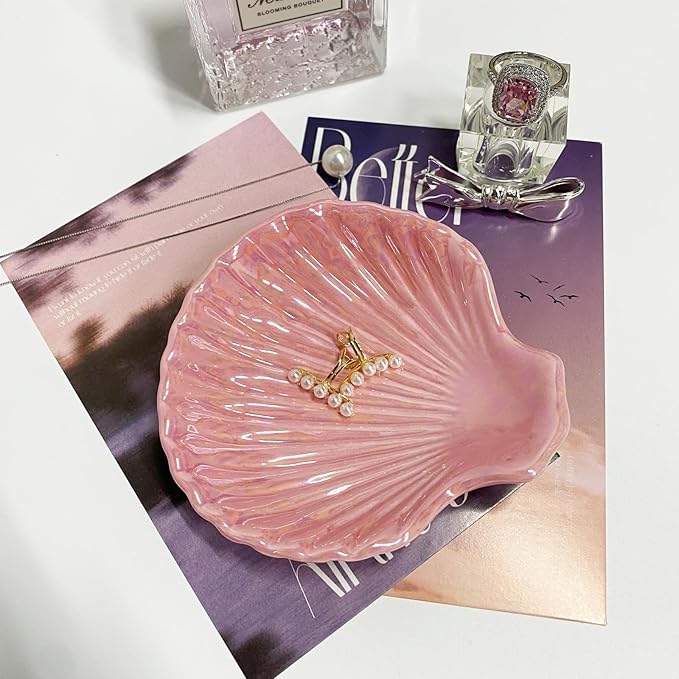 Shell Shape Ring Holder Dish, Seashell Jewelry Dish Tray, Ceramic Trinket Tray for Rings Earrings Necklaces Bracelet, Birthday Christmas Gift for Mom Friend Sister, 3.9", Pink Iridescent Surface