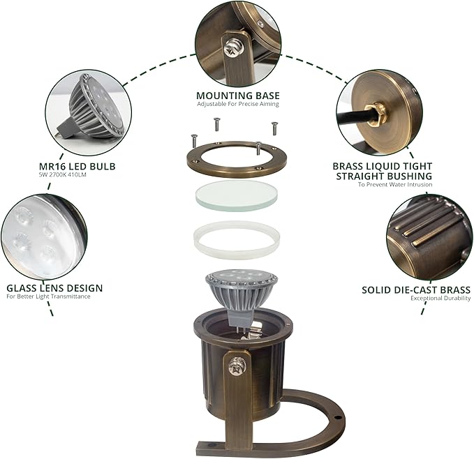 GKOLED Solid Brass Underwater Light, Low Voltage LED Pond Lights, Submersible Fountain Lighting with 5W 2700K 410LM MR16 Bulb, 9-15V AC/DC Outdoor Landscape Light, IP68 Rated Pool Spotlights, 2 Pack