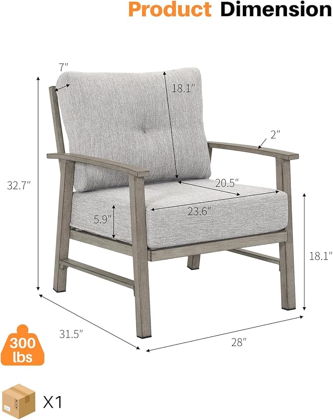 2 Pieces Outdoor Patio Chairs, Outdoor Aluminum Armchair Conversation Set with Thick Cushions, All Weather Patio Furniture Sofa Chairs Set for Garden, Poolside, Lawn, Limed Oak