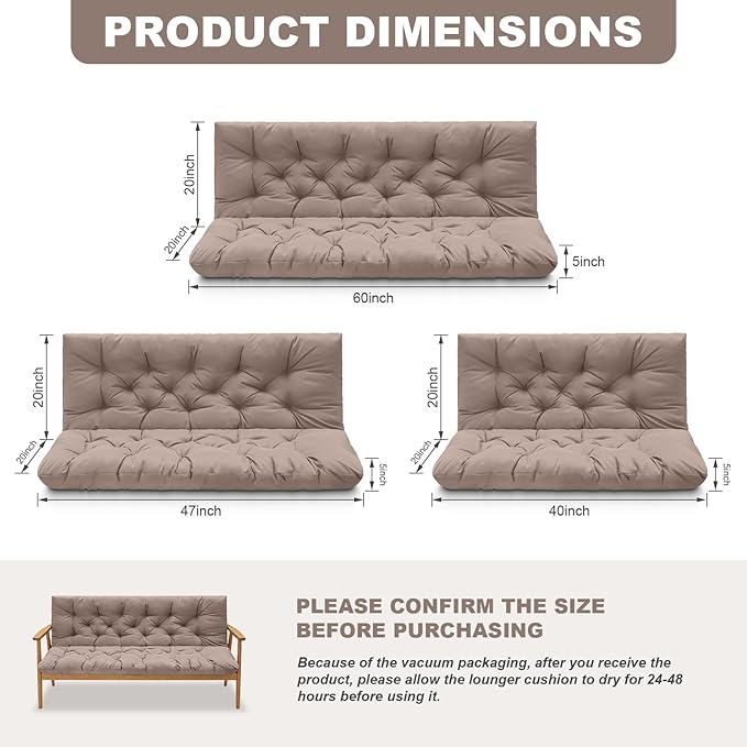 Porch Swing Cushions,Outdoor Cushions 3 Seater Replacement with Backrest, Waterproof Thickened Bench Cushion with Ties for Porch, Patio,Outdoor, Backyard and Garden (Khaki 47 * 40 in)